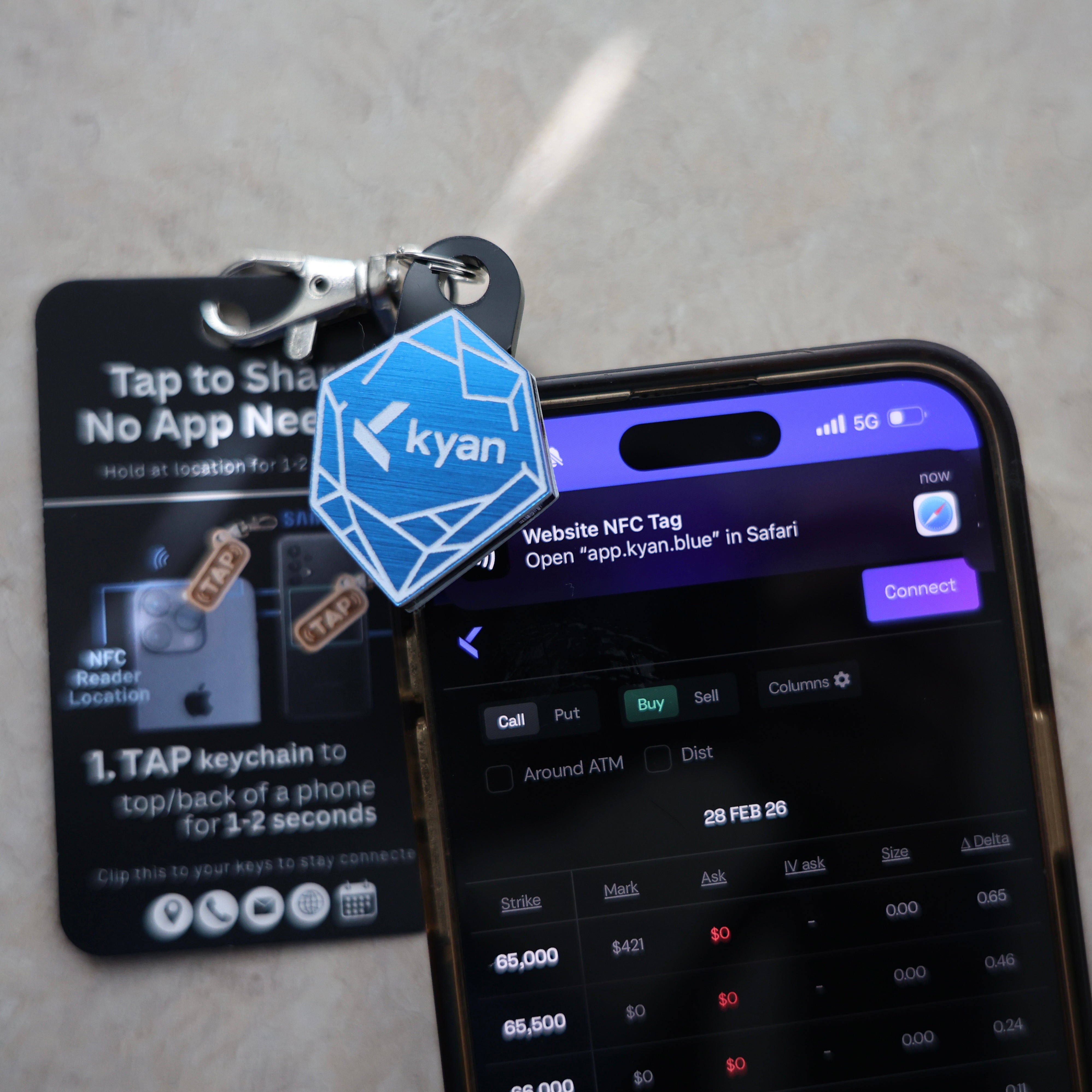 Blue NFC Keychain Tapping phone and pulling up website