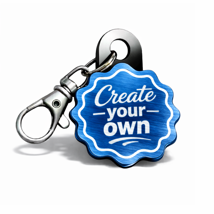 Custom blue and white NFC keychain with engraved design, create your own tap-to-share keychain for business branding and events