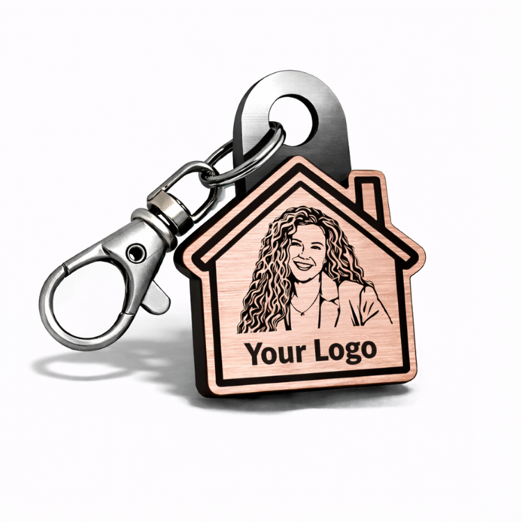 Custom rose gold realtor NFC keychain with engraved design, create your own tap-to-share closing gift for real estate agents