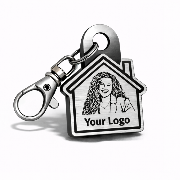 Custom silver realtor NFC keychain with engraved logo, create your own tap-to-share keychain for real estate networking and events
