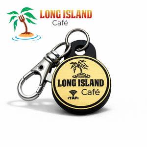 Custom Gold NFC keychain Long Island Cafe branded