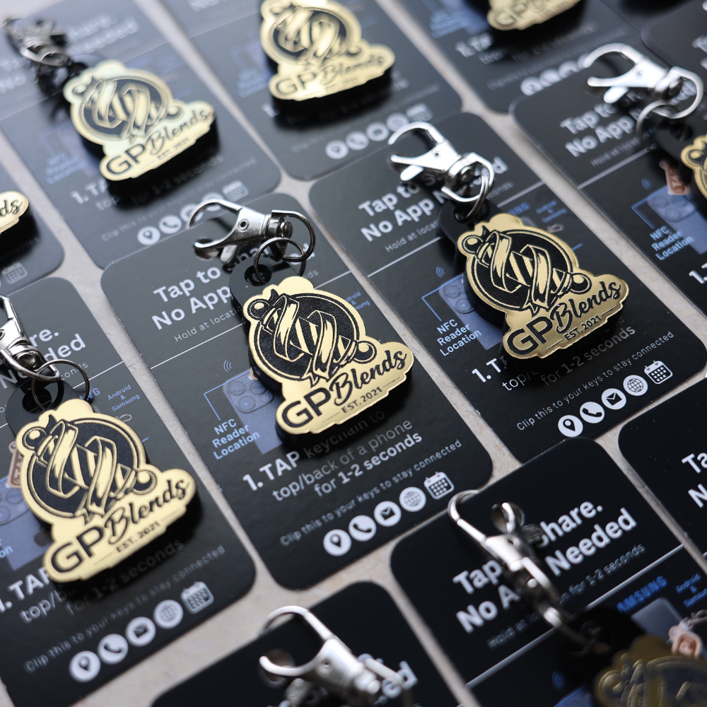 Custom NFC Keychains Gold Metallic with how to use card for events and leads