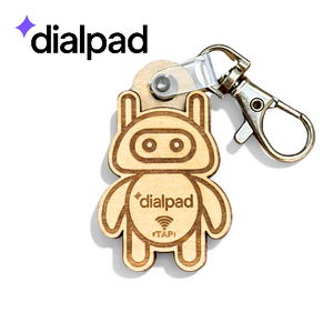 Dialpad: Custom wooden NFC keychain shaped like a robot mascot with Dialpad branding