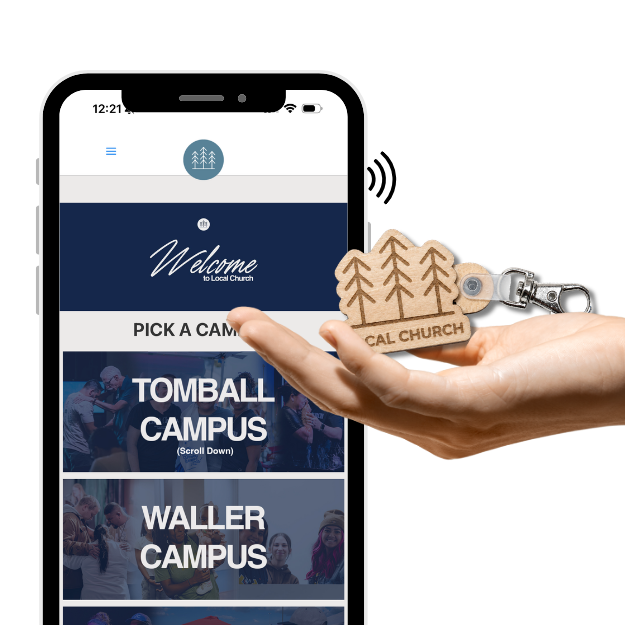Person tapping a custom NFC church keychain to a smartphone to open a church website or digital profile.
