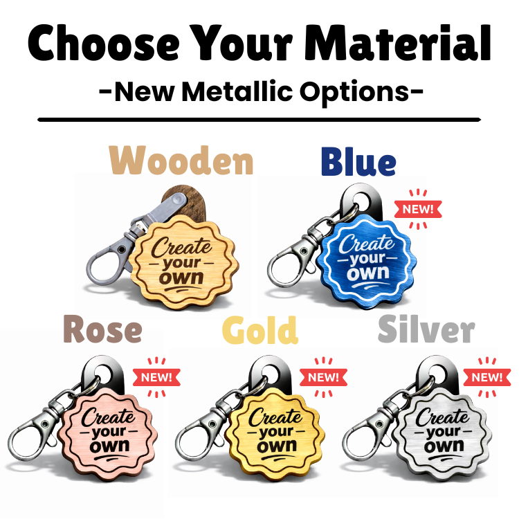 Custom church NFC keychain material options including wood, blue, rose gold, gold, and silver styles.