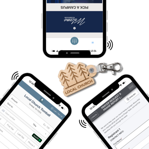 Church NFC keychains linking to multiple destinations including website, giving page, prayer form, connect card, and event registration.
