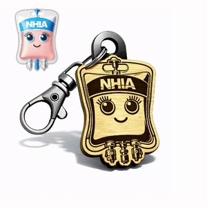 Custom wooden NFC keychain shaped like an IV bag with NHIA branding and engraved character design