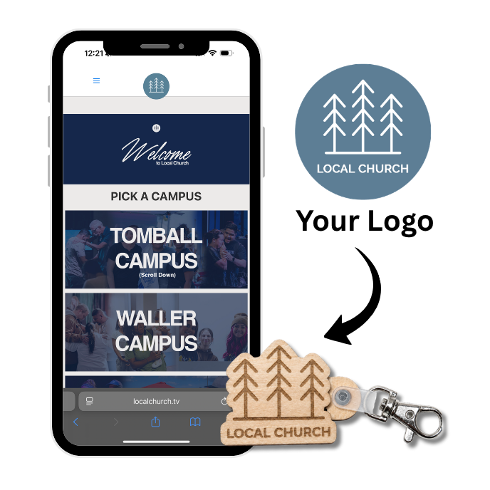 Custom NFC keychain for churches next to a smartphone showing a church landing page with giving, events, and visitor links.