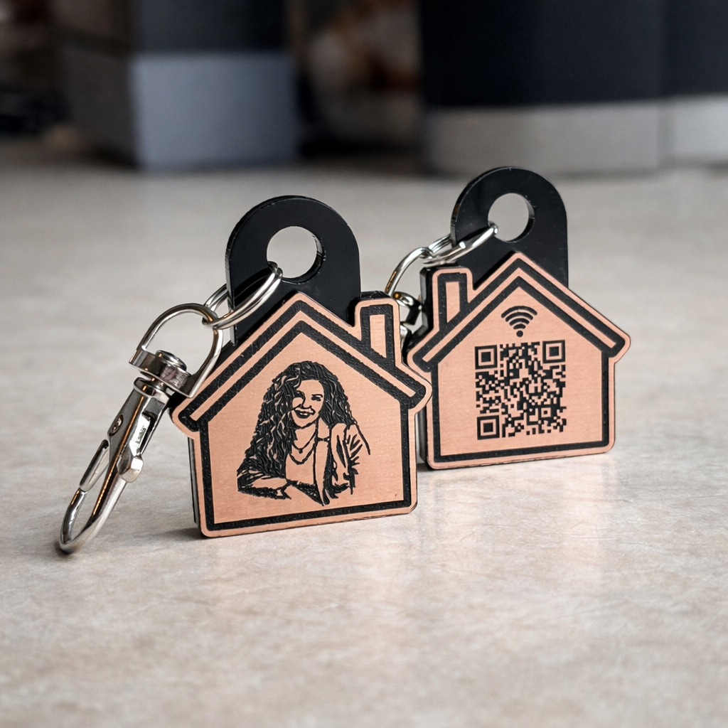 Custom NFC realtor keychains showing front portrait engraving and back QR code house design, tap-to-share contact info for real estate agents