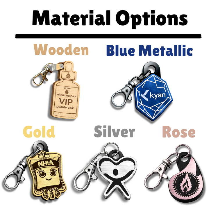 Custom NFC Keychain Material Options - Wooden, Blue Metallic, Gold, Silver, Rose premium finishes