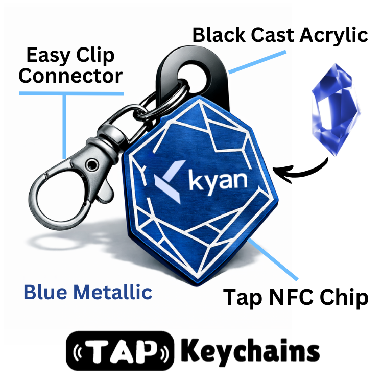 Custom crystal shaped NFC keychain in blue metallic acrylic with logo engraving, easy clip connector, and built-in NFC tap chip