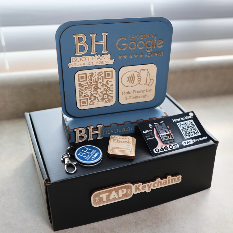 Custom Google Review stand with NFC Keychain. Great gift for business owner