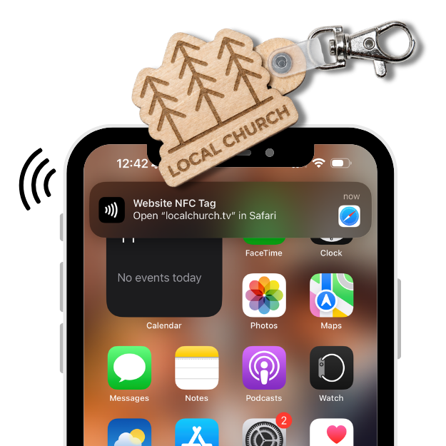 Custom NFC church keychain being tapped with a smartphone to open a church website, with QR backup for no-app access.