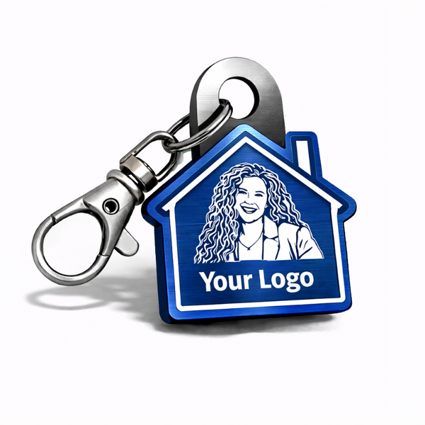 Custom blue and white realtor NFC keychain, create your own tap-to-share keychain for open houses and property showings