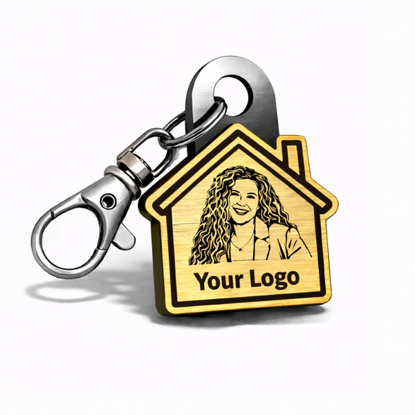 Custom gold realtor NFC keychain with engraved design, create your own tap-to-share keychain for open houses and closing gifts