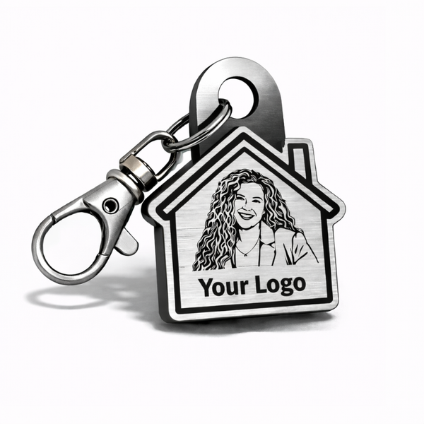 Custom silver realtor NFC keychain with engraved logo, create your own tap-to-share keychain for real estate networking and events