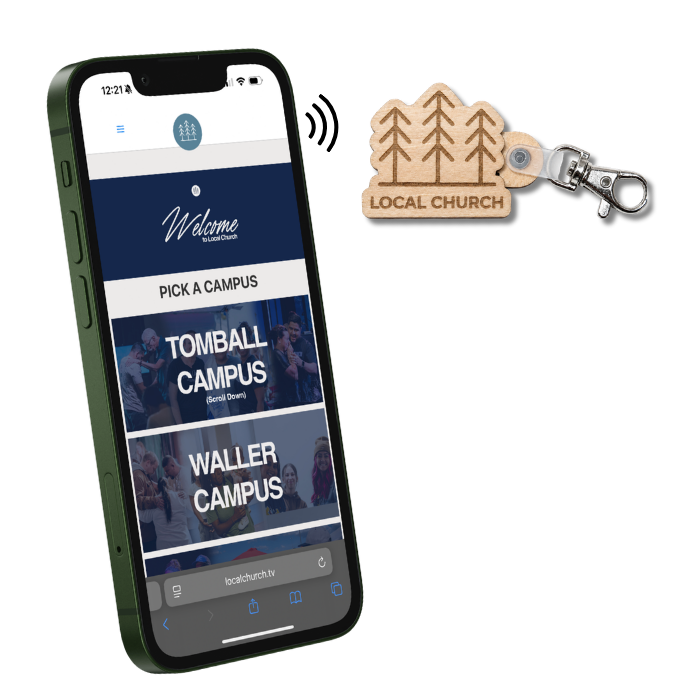 Custom church NFC keychain and smartphone mockup showing how members and guests can tap to open church links.