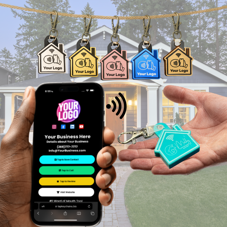 Realtor NFC keychain with house shape design for tap to share contact info and reviews