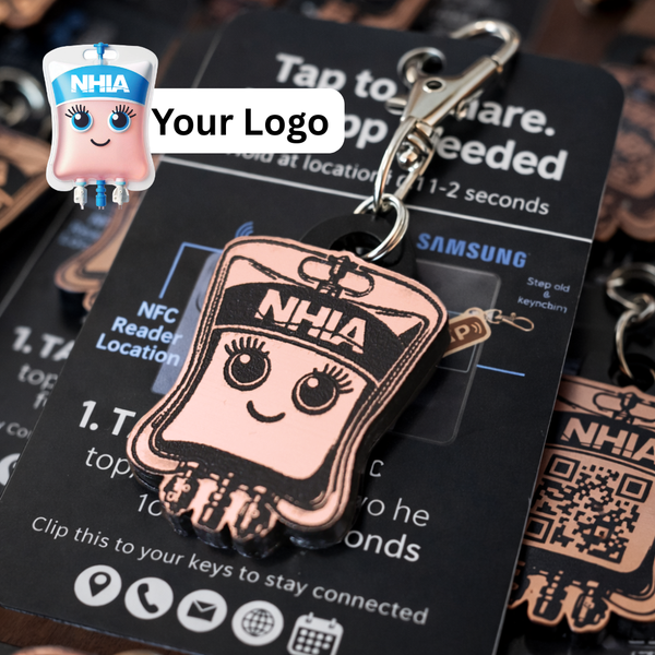 Custom NFC keychains in Rose Metallic with how to use nfc cards attached for events