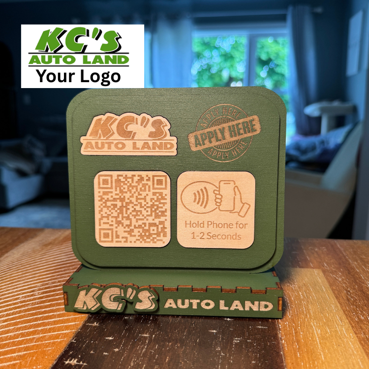 Green NFC and QR Stand to apply for customers to fill out