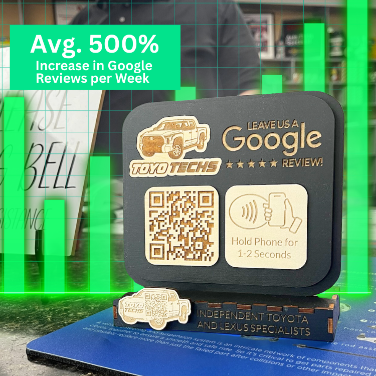 Custom Tap Google Review Stand Black with Car Dealership branding