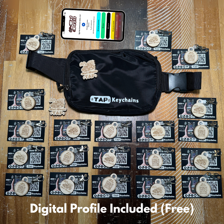 TapKeychains™ Starter Bundle | Digital Profile, 20 NFC Keychains, Tap Pin, Tap Magnet w/ Carrying Bag